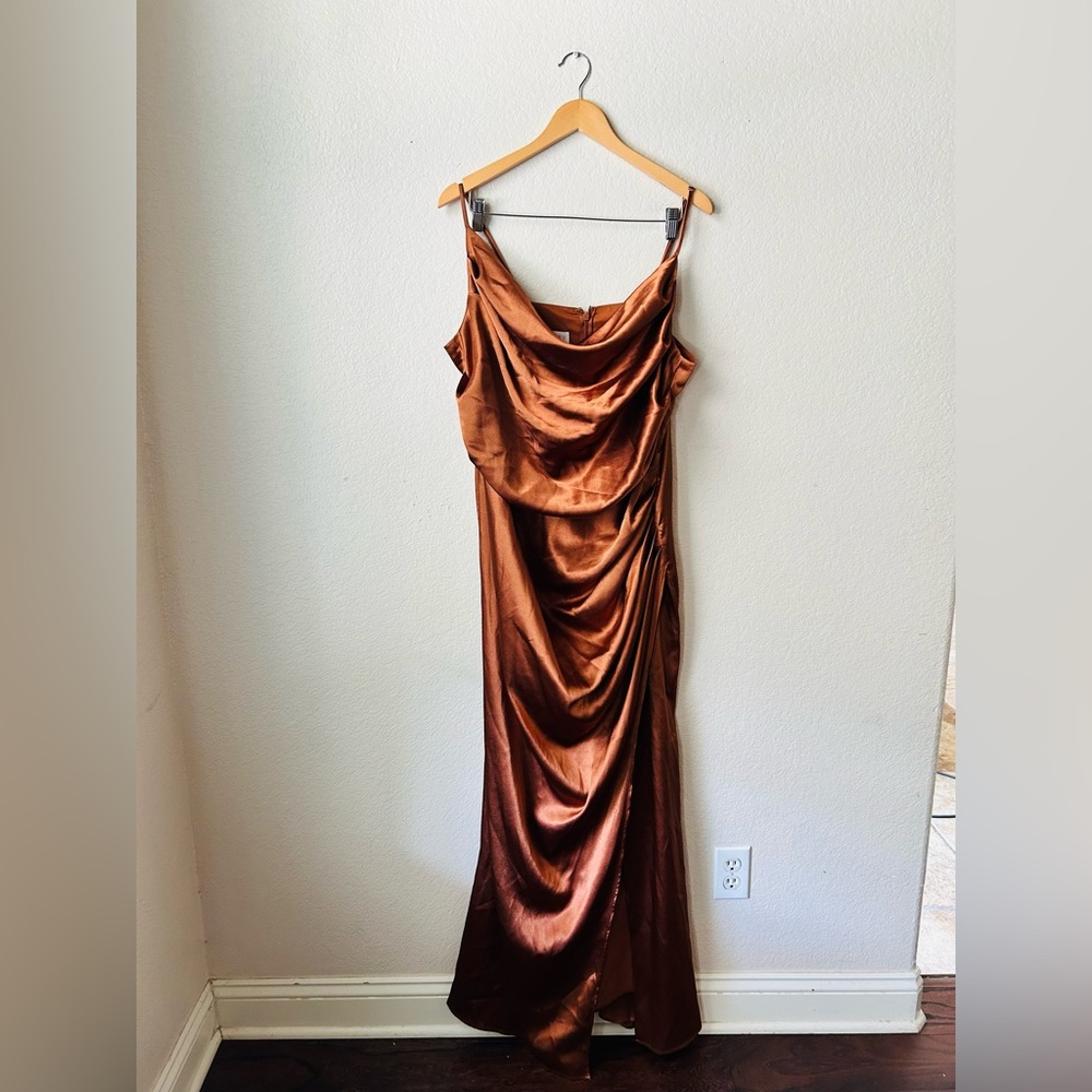 Birdy Grey Brown Ruched Satin Strappy Maxi Dress Size 2X